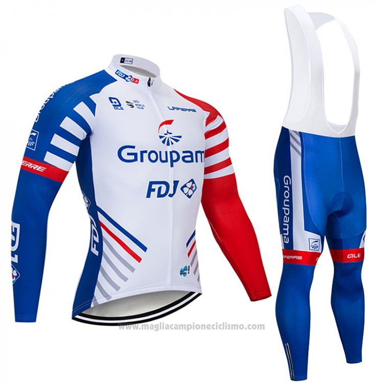 2018 Abbigliamento Ciclismo Groupama FDJ Bianco Blu Rosso Manica Lunga e Salopette